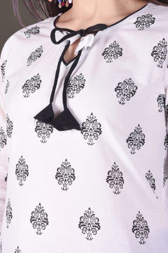 Black and White Cotton Kurti with Neck Strings