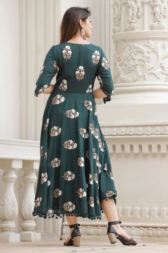 Bottle Green Floral Printed Anarkali Kurta With Striped Printed Dupatta 