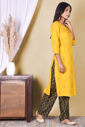 Mustard Printed Handwork Kurta With Printed Palazzo