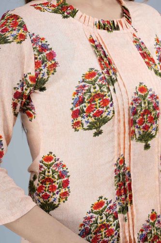 Peach Ethnic Printed Pleated Rayon Top