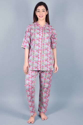 Light Purple Rose Printed Cotton Night Suit