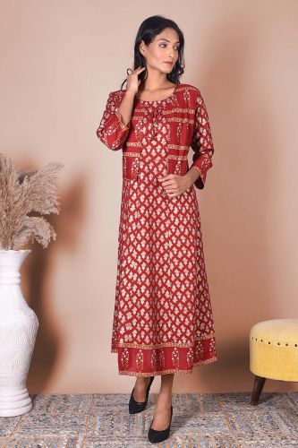 Red & Golden Printed A-Line Kurta With Jacket