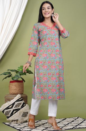 Grey Floral Printed Straight Cotton Kurta