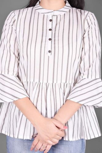 Grey & White Stripe Printed Flared Cotton Top