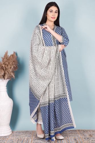 Blue A-Line Cotton Kurta With Lace Work With Printed Pant And Dupatta