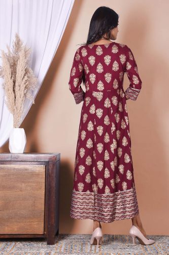Maroon and Golden Printed Long Rayon Kurta