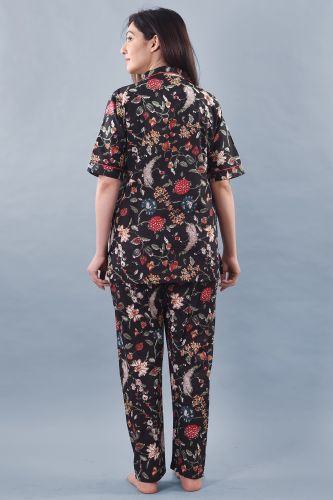 Black Floral Printed Cotton Night Suit