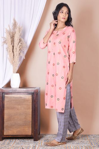 Peach Printed Kurta with Handwork and Printed palazzo Set