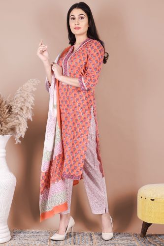 Peach and White Cotton Printed Straight-Fit Kurta Palazzo with Dupatta