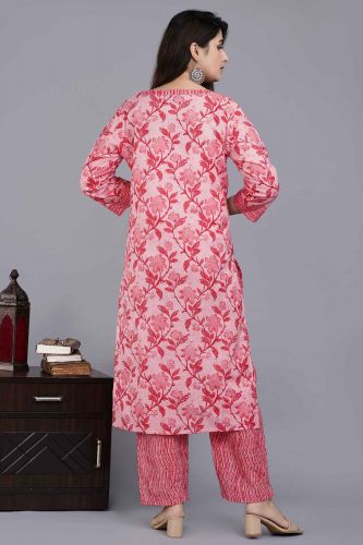 Peach Printed Pintuck Style Cotton Kurta with Pants