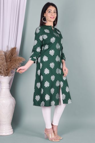 Green Leaf Print Straight Rayon Kurta