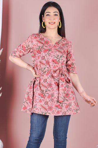 Premium Cotton Mauve and Pink Printed Cotton Top with Belt