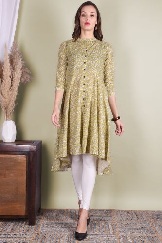 Green Leaf Printed Flared A-Line Cotton Kurta