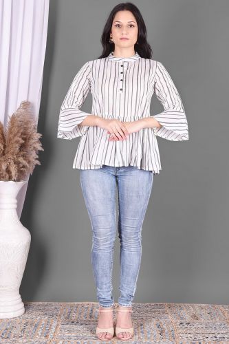 Grey & White Stripe Printed Flared Cotton Top