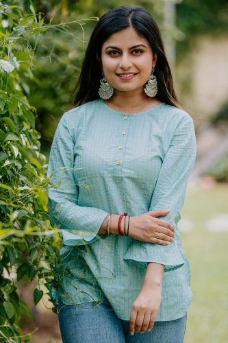 Light Blue Cotton Gold Printed Ethnic Top
