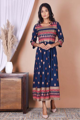 Royal Blue and Golden Printed Long Rayon Kurta