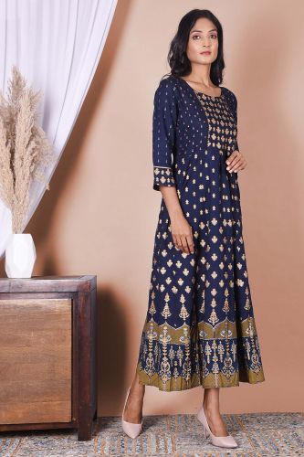 Blue & Golden Printed Rayon Kurta