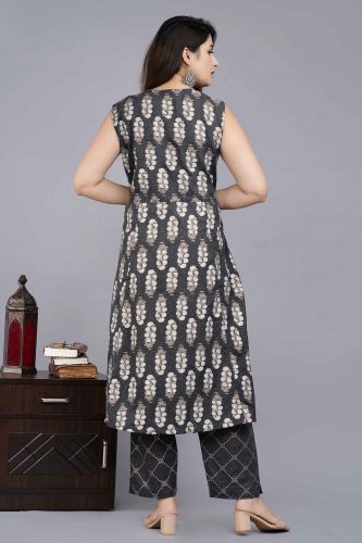 Grey Printed Cotton Kurta with Pants