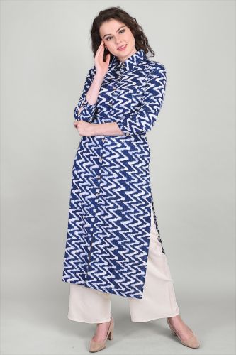Shirt Style Women's Rayon Indigo Blue Printed Straight Kurta