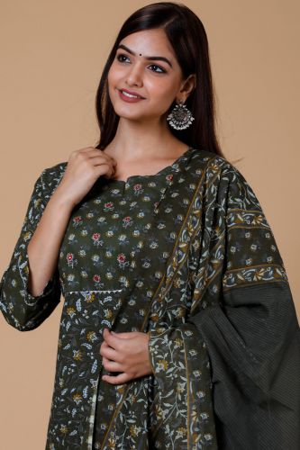 Green Floral Printed A-Line Cotton Kurta With Handwork, Printed Palazzo & Dupatta