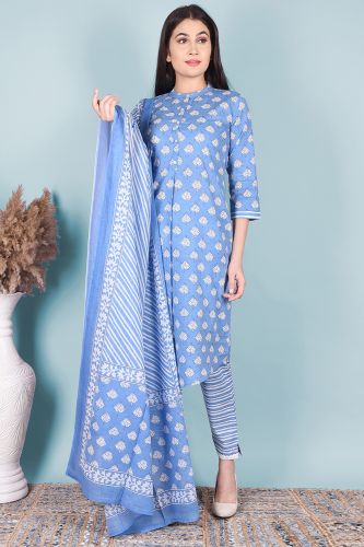 Blue & White Printed High-Low Cotton Kurta with Striped Printed Palazzo Pants and a Dupatta