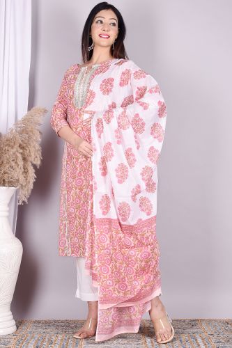 White & Pink Floral Printed Cotton Kurta with Solid White Palazzo and a Printed Dupatta