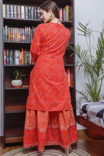 Red Bandhej Printed Cotton Kurta With Skirt & Dupatta