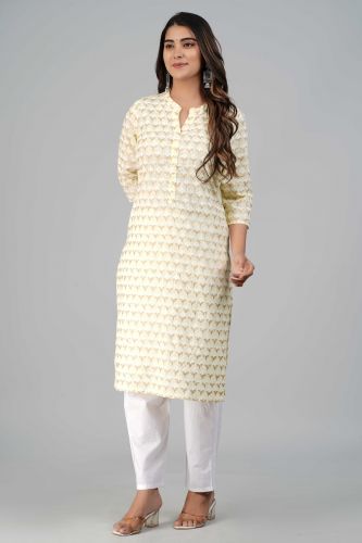 Yellow Flower Printed Straight Cotton Kurta