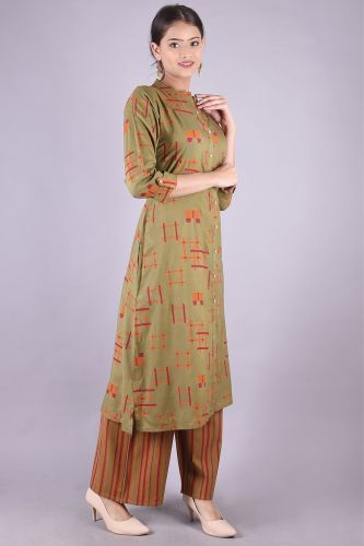 Printed Mehendi Green Kurta with Palazzo
