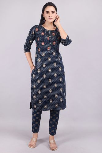 Navy Blue Printed Ethnic Cotton Kurta Trouser Set
