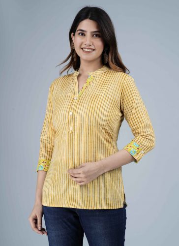 Mustard Stripes Printed Cotton Top