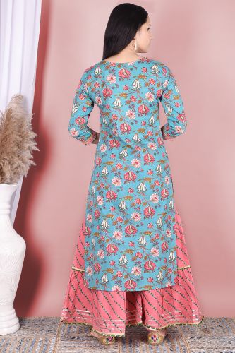 Floral Light Blue Cotton Kurta with Printed Sharara
