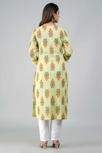 Green Floral Printed Straight Cotton Kurta