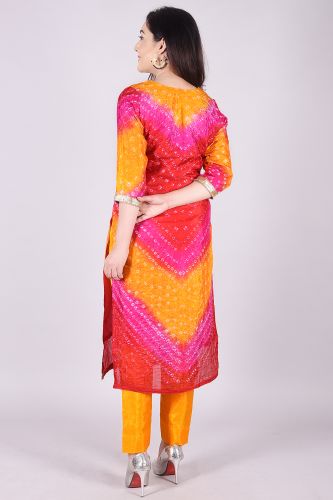 Cotton Silk Bandhej Heavy Embroidered Kurta with Trouser and Dupatta