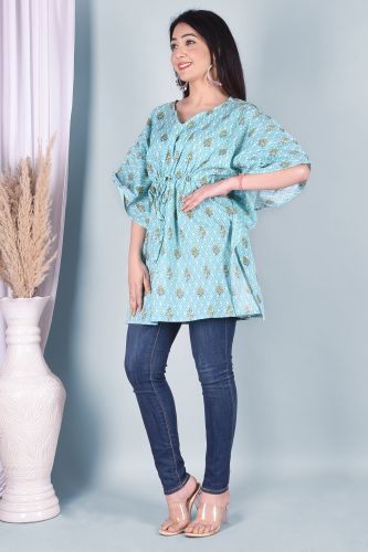 Light Blue Floral Printed Cotton Kaftan