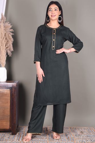 Solid Bottle Green Rayon Kurta with Solid Bottle Green Palazzo Set