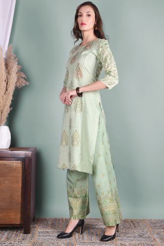 Pista Green Printed Rayon Kurta with Printed Palazzo Pant Set