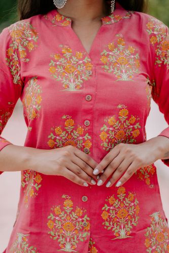 Peach Floral Printed Cotton Ethnic Top