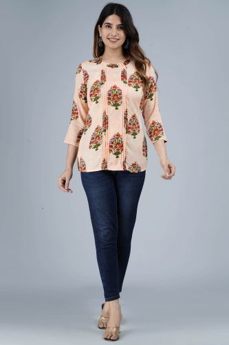 Peach Ethnic Printed Pleated Rayon Top