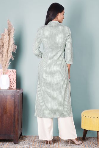 Green and White Striped A-Line Kurta