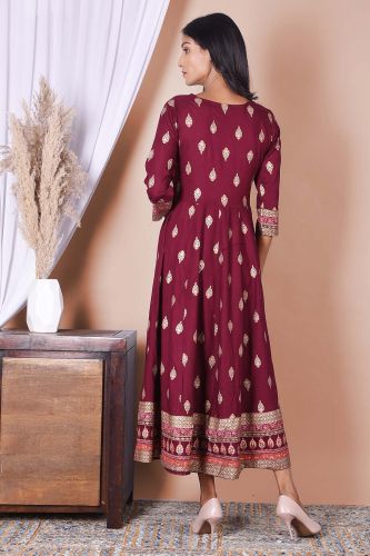 Maroon and Golden Printed A-Line Long Rayon Kurta