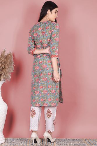 Grey Floral Printed Cotton Kurta with Printed Palazzo and a Dupatta Set