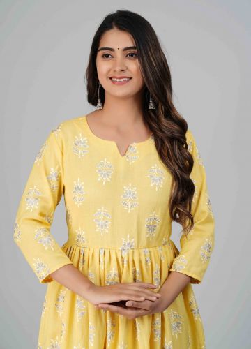 Yellow Flower Printed A-Line Cotton Kurti