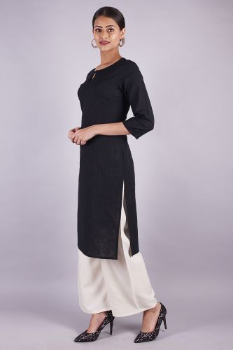 Black Color Cotton Kurti with Neck Button