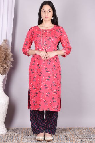Peach and Navy Blue Printed Rayon Kurta and a Palazzo Set