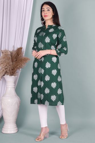 Green Leaf Print Straight Rayon Kurta