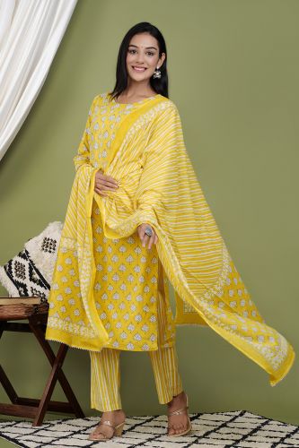 Yellow Floral Printed Kurta With Striped Palazzo & Dupatta