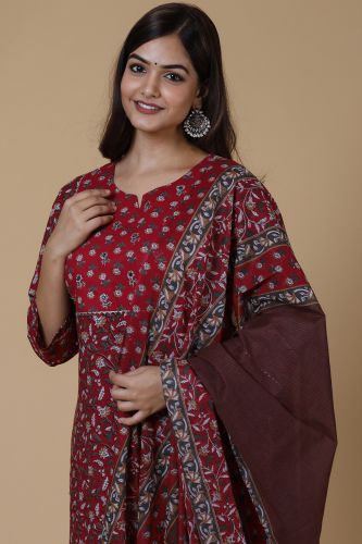 Maroon Floral Printed A-Line Cotton Kurta With Handwork, Printed Palazzo & Dupatta