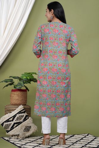 Grey Floral Printed Straight Cotton Kurta