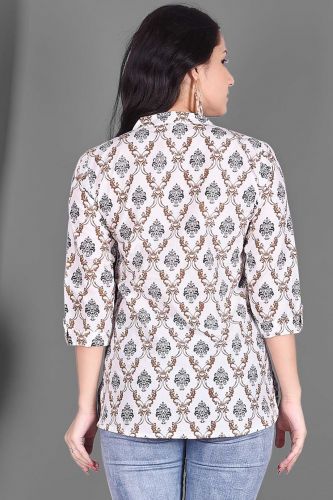 White & Golden Ethnic Printed Cotton Top